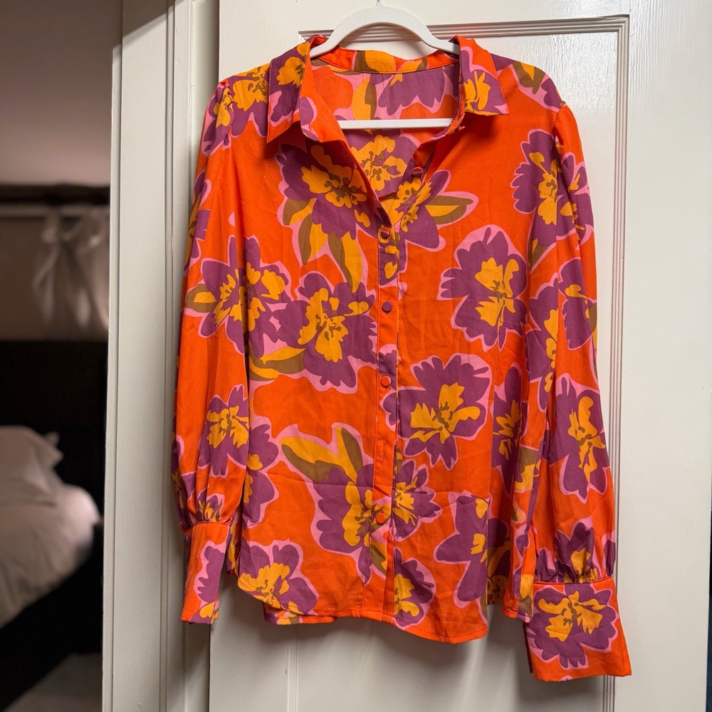 Vibrant Retro Floral Button-Up Blouse